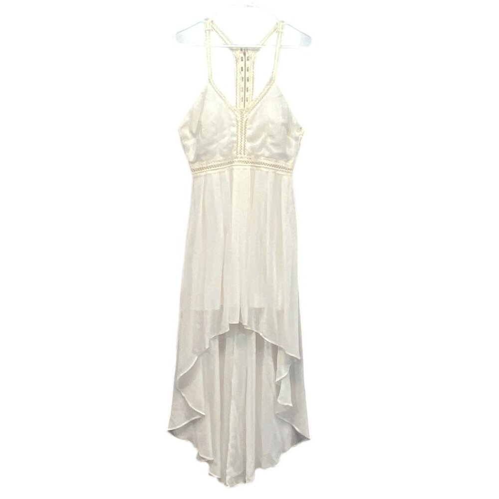 Lulus Racer Back V Neck Lace Waist Hook Eye Closure Lined Hi Low Dress Cream L